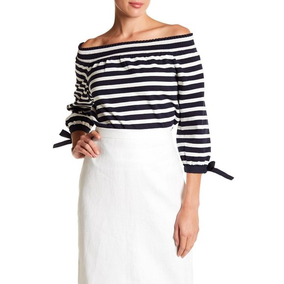 J. CREW Off the Shoulder Shirt Stripes Tie Sleeves - Picture 1 of 9